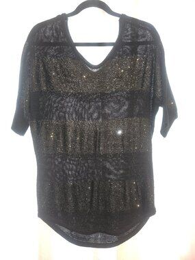 Express Black Metallic Sequin Open Knit V Neck Tunic Top Size S